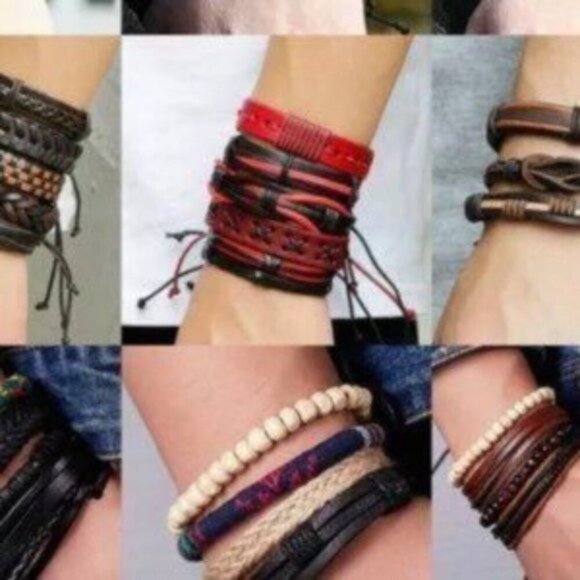 Mens Leather Red & Black Braided Bracelet Set - Picture 3 of 3